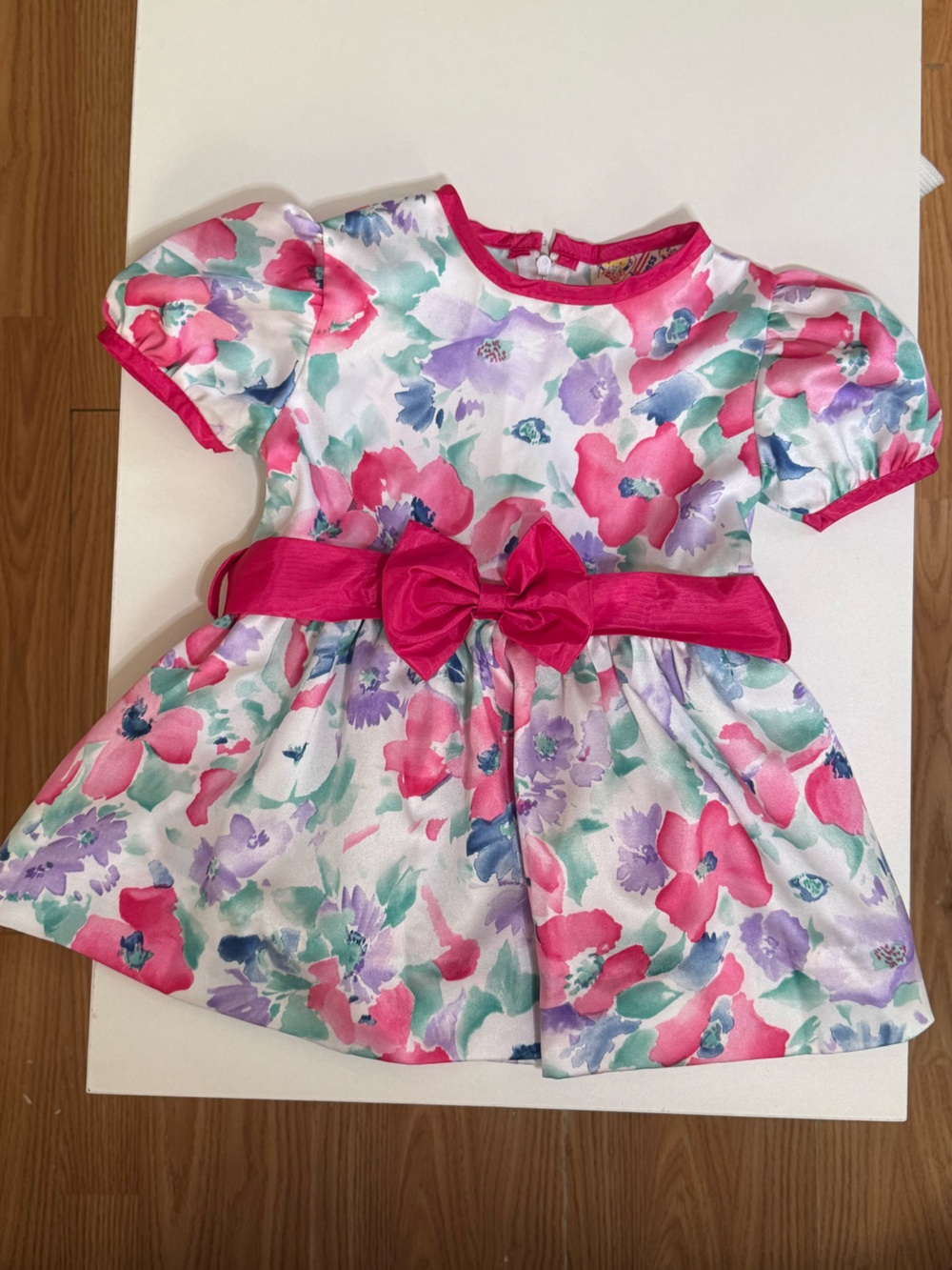 Vintage Baby Dress in Pink, Lavender & Mint with Hot Pink Bow